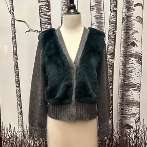 Elizabeth and James Gray Cardigan with Green Rabbit Fur front L
